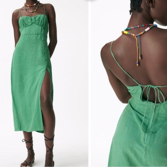 ZARA Buttoned Linen Midi Dress with High Split - Picture 1 of 7